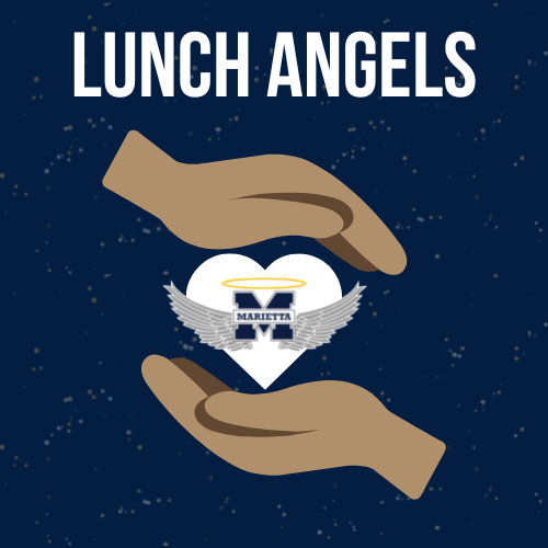 a graphic with two hands holding a heart that says Lunch Angels